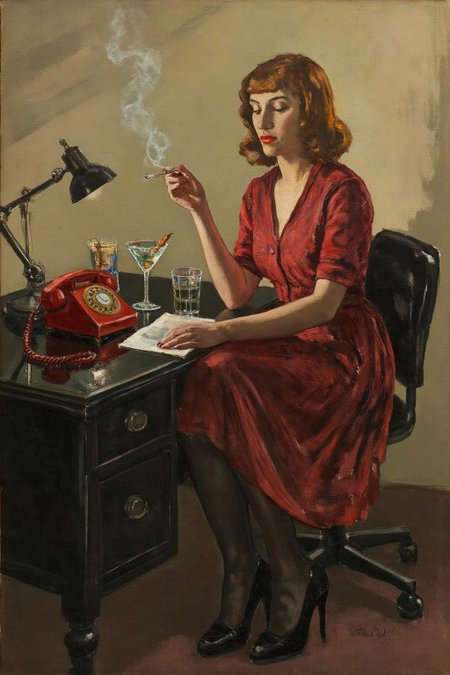 ethelleontinegabain1 painting.
A woman is sitting on a black desk. She is dressed in a red dress, stockings, and high-heeled shoes. She is holding a cigarette, with smoke rising above her. On the desk are a red rotary telephone, a desk lamp, and a martini glass.  <lora:ethelleontinegabain1_cap_d8a4:1.0><lora:862160808870696276:0>