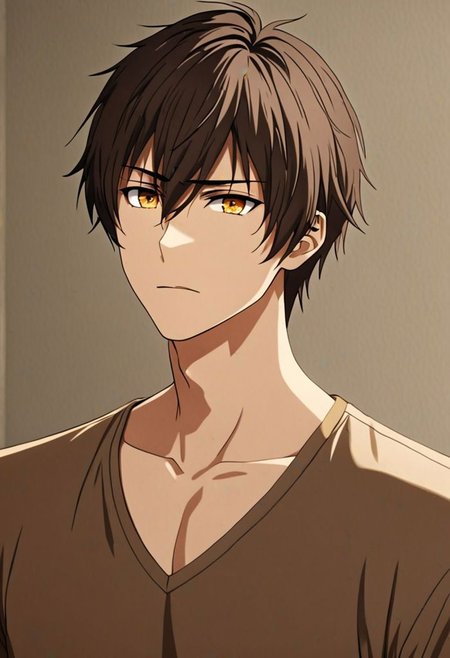 Highres, Masterpiece, High Quality, 4K, 8K, solo, 1Boy, Seiya Kanie, short dark brown hair, golden eyes, casual, v-neck, singer, narcissistic, easynegative, detailed_eye_model