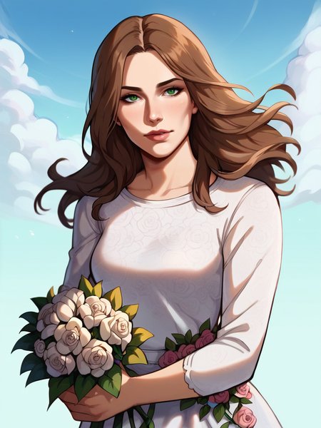 score_9, score_8_up, score_7_up,Faithwaifu, handfixer, solo,  white dress, floral print, blue background, blue sky, bouquet, brown hair, day, flower, freckles, lips, long hair, looking at viewer, nose, outdoors,floral print, sky,  upper bodytree, <lora:add-detail-xl:1> , <lora:Faith_character:1>, <lora:HandFixer_pdxl_Incrs_v1:0.5>