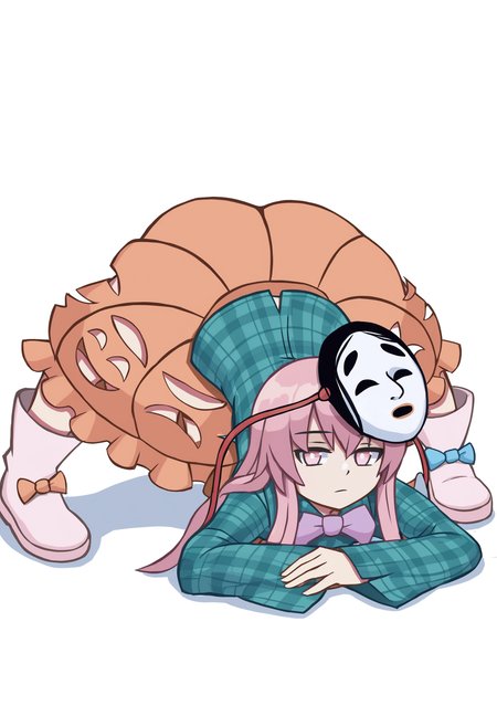 hata no kokoro, 1girl, solo, long hair, looking at viewer, simple background, shirt, skirt, long sleeves, white background, bow, closed mouth, full body, pink hair, boots, bowtie, spread legs, pink eyes, plaid, mask, expressionless, pink skirt, pink footwear, top-down bottom-up, mask on head, orange skirt, plaid shirt, bubble skirt, jack-o' challenge
, masterpiece, best quality, good quality,
<lora:duhota_noob_vpred-1.0_edm2_v1:1>