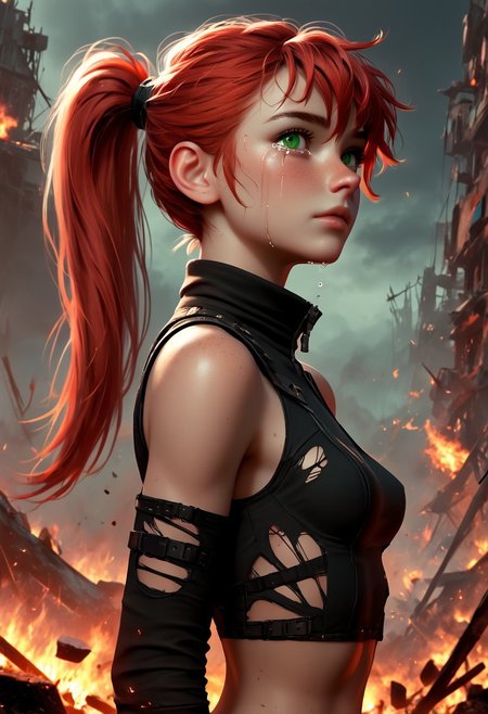 1girl, Masterpiece, 4k, ultra high detail, score_9, score_8_up, score_8, 18yo, petite, smal breast, long red ponytail hair, fcNeg, stunning green eyes, freckles, white skin, small nose, innocent beauty, slim face,  skinny petite body, 
Torn sport clothes
Dark sky, burning sky, nighttime, night, burning skyscraper, asteroids in sky, 
Fear in her eyes, crying, 
Sideview,  Apocalyptic scene, burning skyscraper, burning city, derstroyed cars, a huge asteroid swarm in the sky, 
Many asteroids in the sky, 
End of the World, 
negative_hand, NightScapes,