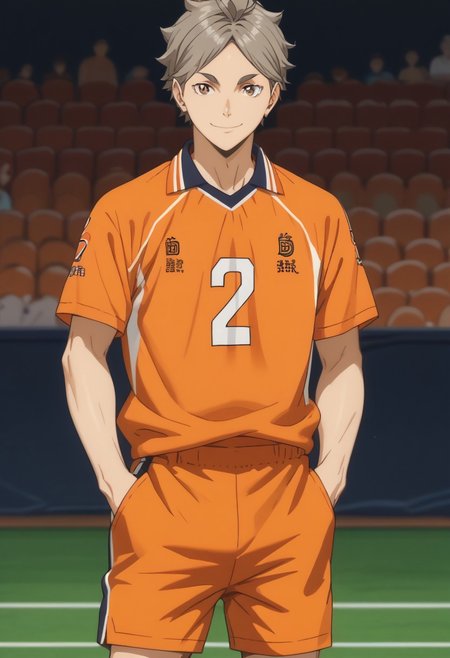 score_9, score_8_up, score_7_up, source_anime, rating_safe, Kosaikyu, 1boy, male focus, anime screencap, orange Karasuno shirt, orange Karasuno shorts, hands in pocket, smile, standing-posing, cut off legs,