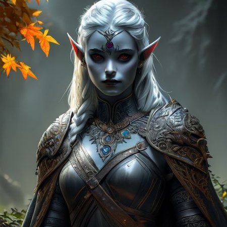 RAW photo, (masterpiece:1.3), subsurface scattering, heavy shadow, (high quality:1.4), (intricate, high detail:1.2), professional photography, HDR, High Dynamic Range, realistic, ultra realistic, photorealistic, high resolution, film photography, ambient lighting, atmospheric effects, <lora:detail_slider_v4:2>, OverallDetail, a female drow ranger, dark makeup, intricate leather armor with leaf patterns, jewelry, cape, tiara, <lora:Drow:0.8>, epiCPhoto