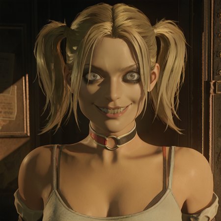 masterpiece, best quality, amazing quality, highres, absurdres, intricate details, realistic,  <lora:Harley_Quinn_Gotham_ILLUS-000008:0.8> , hq1, 1girl, solo, twintails, grey eyes,  blonde hair, detached sleeves, choker, tank top, bra strap, looking at viewer, evil smile, teeth,  wide-eyed, portrait, black eyeshadow, close up,