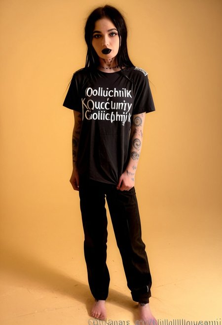 golfi, 1girl, black hair, realistic, goth, pale skin, full body, skinny, thin body, high detail, 4k, golfi eyes, natural blue-grey eyes, black t-shirt, black pants, bedroom background, bare feet, standing, sexy posture