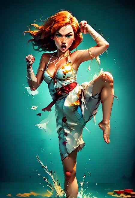 score_9, score_8_up, score_7_up, score_6_up, score_5_up, score_4_up, 
BREAK
picture-perfect, best quality, detailed shading, depth_of_field, cinematic lighting, (cowboy view), 
BREAK
1girl, kim_pos_V2, kim_pos_V2_face, kim_pos_V2_body, long red hair, 18 years old, (stunning green eyes), (skin detail, freckles, moles on skin:1.4), 
BREAK
1boy, ninja, ninja outfit, shadowed, fighting stance, sword, dodge girl
BREAK
1girl, kim_pos_V2, kim_pos_V2_face, kim_pos_V2_body, (leaping flying karate kick ninja, (((feet off ground)))), ((teep fighting stance,martial arts, incoming attack, ((mid air, dynamic, motion blur, blood splashes)))), jusiki, doing a high jump sidekick, doing a jump sidekick, (((jumping at viewer))), perfect makeup, ((random hairstyle, cotton sundress with floral print)), 
BREAK
(:1.2), 
BREAK
(:1.2)
BREAK
full view shot, (stable, haybales, golden sunlight, detailed multi-layered background),