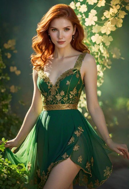 beautiful, Scottish, woman, redhead, (FastNegativeEmbedding:0.9), with green dress with gold clover leaves, torso up potrait, looking at viewer, seductive, photo in phst artstyle, Intricate, Complex contrast, highly detailed, extremely complimentary colors, beautiful, glowing aesthetic, pretty, dramatic light, sharp focus, perfect composition, clear artistic color, calm professional background, precise, joyful, perfect wide long shot visual masterpiece, <lora:MJ52:0.6>