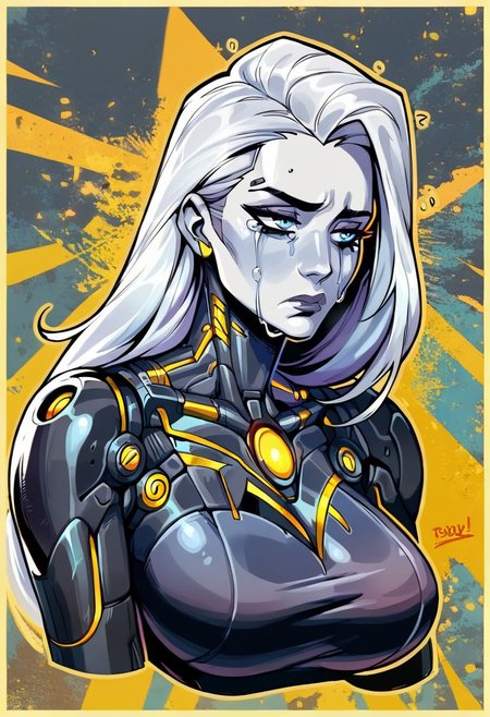 score_9, score_8_up, score_7_up, high quality, black and white with bright blue eyes, grayscale image, greyscale image,  1 women,  ((cyborg clothing)),  sad, geometric hearts broken in the background,  cyborg women, large breasts,  long hair,   crying,  portrait view,  sad, disappointed,   , aesthetic, (Yellow border around image,:1.3)