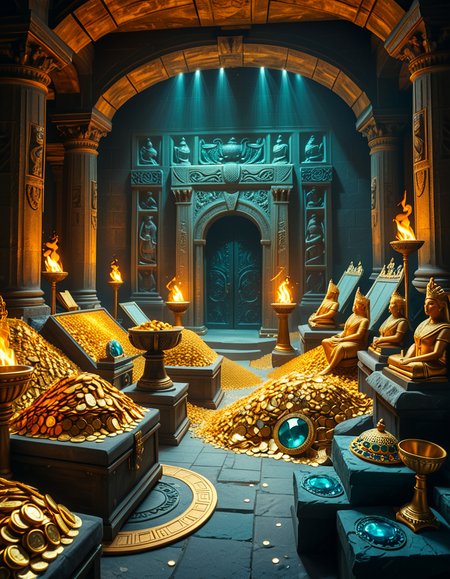 A hidden treasure chamber deep within an ancient temple, illuminated by the warm golden glow of torches and mystical blue light from enchanted crystals. The room is filled with piles of gold coins, jewel-encrusted goblets, and ancient artifacts covered in dust. Massive stone statues of forgotten deities guard the chamber, their eyes glowing faintly as if watching intruders. In the center, a grand pedestal holds a legendary artifactâan ornate golden crown encrusted with emeralds and sapphires, shimmering with an otherworldly aura. The walls are adorned with intricate carvings depicting lost civilizations, and creeping vines hint at centuries of abandonment. The atmosphere is mystical and slightly eerie, with a sense of both wonder and danger. The air is thick with the scent of aged parchment and burning incense, adding to the chamberâs ancient and mysterious feel. Cinematic lighting with dramatic shadows enhances the depth and richness of the scene, creating a visually stunning and immersive environment.
<lora:SDXLFaeTastic2400:0.4> <lora:extremely_detailed:0.4> extremely detailed, <lora:treasure_ch4mb3r:1>,treasure ch4mb3r, Masterpiece,best quality,hi res,8k,hi res,8k,award winning,(sharp focus, intricate, highly detailed),