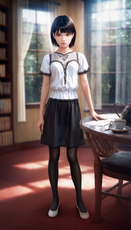 score_9,score_8_up,score_7_up,<lora:ChisatoShinjo:1>,
chisatoshinjo,
realistic,
1girl,solo,black hair,short hair,bangs,brown eyes,beauty mark,
looking at viewer,parted lips,
white blouse with lace details,black skirt,black pantyhose,white flat shoes,
full body,standing,
blurry background,indoors,living room,vintage room,at a round wooden table,cup of tea,papers,pen,bookshelf,window,sunlight through window,curtains,warm cozy atmosphere,