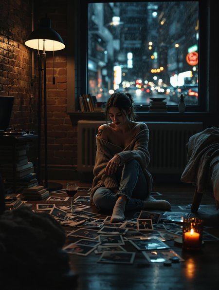 *(Shot in the style of Annie Leibovitz, cinematic lighting, ultra-photorealistic, 8K, Hasselblad medium format, deep shadows, moody tones, dramatic contrasts.)*  
A young tattooed woman sits on the wooden floor of her dimly lit New York City apartment, surrounded by scattered photographs of her lost love. She wears an oversized sweater, slipping off one shoulder, revealing her collarbone, and a pair of faded jeans. Her feet in warm socks rest on the cool floor, her posture slightly slumped as she runs her fingers over an old picture. Her deep, sorrowful eyes are fixed on the image, and a single tear glistens as it trails down her cheek.  
Beside her, a half-filled glass of red wine reflects the warm glow of a nearby floor lamp, casting long, dramatic shadows against the exposed brick walls. City lights flicker through a rain-streaked window, blurring the neon signs and car headlights outside. A record player sits in the corner, its needle resting in silence, as if even the music has abandoned her. The second floor apartment is stylish yet intimate—worn books stacked on the windowsill, an unmade couch with a soft throw blanket, and a candle burning low, its wax pooling onto the table.  
The soft lighting accentuates the sadness in her face, while the photographs scattered around her tell an untold story of love and heartbreak. The atmosphere is heavy with nostalgia, the air thick with longing, as she remains lost in memories, the city moving on without her.