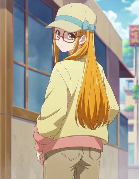 score_9, score_8_up, score_7_up, anime screencap, solo,1girl,kasuganourara,  glasses,  hat, looking at viewer, smile, jacket, semi-rimless eyewear, shirt, yellow jacket,brown pants,cowboy shot,from behind,ass<lora:kasuganourara:0.8>,