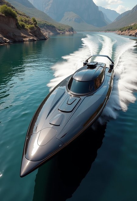 a_skynet_cyberdyne_systems_craft, the image is featuring a futuristic, highly advanced speedboat moving rapidly on a cyberpunk canal.  The hull is made of a dark gunmetal alloy