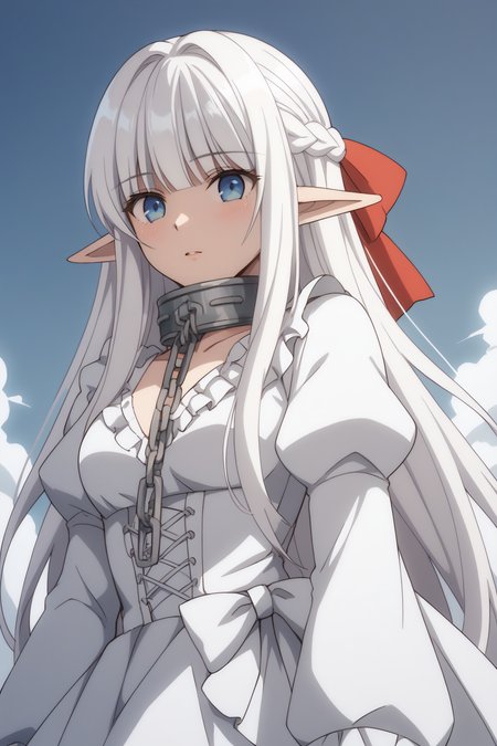 score_9, score_8_up, score_7_up, BREAK source_anime, <lora:Nephelia-PonyXL-lora-faxtron:0.8> nephelia, elf, pointy ears, blue eyes, white hair, long hair, medium breasts, metal collar, white dress, long sleeves, puffy sleeves,