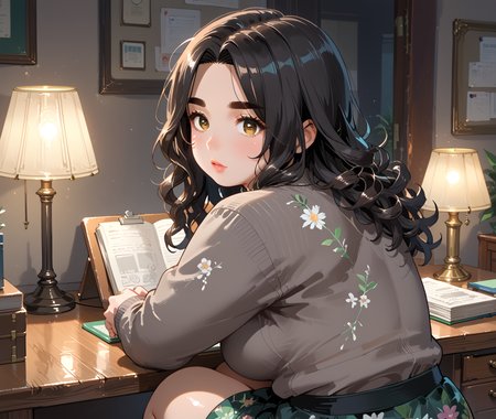 PonyScores7, source_anime, ah1, IllustriousQual, <lora:natsumi_style:0.5>, <lora:by_usakun-pony:0.4> by usakun, <lora:Akina_Bbw_Style_-_PonyXL:0.2> AkinBw
BREAK (Ground level, (from back), medium distance from viewer focus on feet)
BREAK 1girl, mature female, (round face:1.2), (thick eyebrows:1.3), (curvy), round-chin, caucasian, (plump face), <lora:Round_face:0.2>, <lora:ETO_OCPonyXL:0.3> eto_oc, skindentation, (plump), thick thighs, wide hips, busty, voluptuous, lips, <lora:venus body PonyXL:0.3>, <lora:shinyskin2:0.2> glistening skin
BREAK  (curly hair), long hair, (black hair:1.4), (parted hair:1.7), messy hair, kinky curls, <lora:hairdetailpxl:0.2> hairdetailpxl
BREAK (half green and brown eyes), (colorful eyes), (multicolored eyes), (downturned eyes:1.4), <lora:expressive eyes:0.2> expressive eyes, <lora:eyedetailpxl:0.2> eyedetailpxl, <lora:Eyes_High_Definition:0.2> EyesHD
BREAK ((Gloomy, Dark or poorly lit, especially so as to appear depressing or frightening)),  <lora:Expressive_H:0.2> Expressiveh, <lora:Emotional_Anime_Expressions_PonyXL_Concept:0.2> emotional, <lora:Best_Facial_Expression_LoRA_PONY:0.2>, looking at viewer, <lora:Detailed expressive EXEV style -XL Pony V1.0:0.2> FaceDetail
BREAK ((performs a quick turn, knees bent and arms moving rhythmically to the music))
BREAK dirt brown classic gray sweater with a floral print skirt and beige flats
BREAK (((a dimly lit detective office, with wooden furniture, vintage decor, stacks of case files, and an old-fashioned desk lamp)))
BREAK <lora:xl_more_art-full_v1:0.2>, <lora:aesthetic_anime_v1s:0.2>, <lora:EpicF4nta5yXL:0.2>, <lora:detailxl:0.2> detailxl, <lora:Fant5yP0ny:0.2>, best quality, amazing quality, best aesthetic, absurdres, illustration, Volumetric_Lighting, ultra-detailed, very aesthetic, intricate details, 8k, masterpiece, best_quality
BREAK Stable_Yogis_PDXL_Positives, AS-Adult, <lora:Complicated fantasy portrait - XL Pony V2.0:0.2>, bad-hands-5, <lora:HDA_Detailer:0.3>, HDA_FatGirlXL
