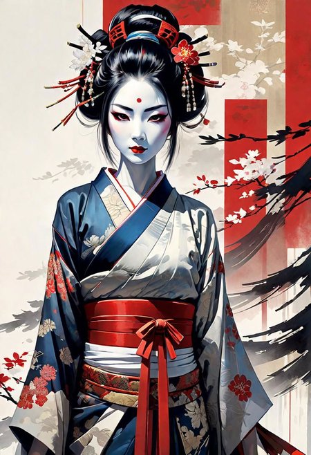 Kabuki, geisha, Bunraku girl in ornate and highly detailed images. style of Paul Kenton, Jim Mahfood, Henry Asencio,