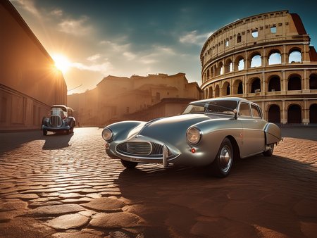 Italian road with wet cobblestones colosseum with (Oldtimer car:1.3), retrofutur5-400, god rays, dust particles, volumetric lighting, 10mm, perfect composition, depth of field, sharp focus, centered
