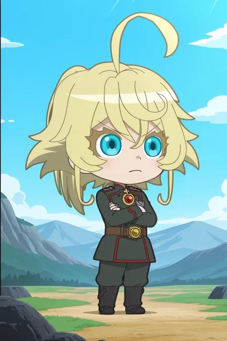 anime screencap, anime coloring, detailed face, masterpiece, best quality, very aesthetic, absurdres, volumetric lighting, official style, amazing quality, ultra detailed, highres, amazing quality, scenery, beautiful detailed hair, beautiful detailed eyes,
<lora:StS-Illustrious-Detail-Slider-v1.0:4>
outside, blue sky,
<lora:Tanya_Degurechaff_Isekai_Quartet:1>
Tanya Degurechaff (character), Isekai Quartet (art style), 1girl, solo, tanya degurechaff, blonde hair, military uniform, uniform, ahoge, blue eyes, military, chibi, crossed arms, belt, parody, solo focus, huge ahoge, closed mouth