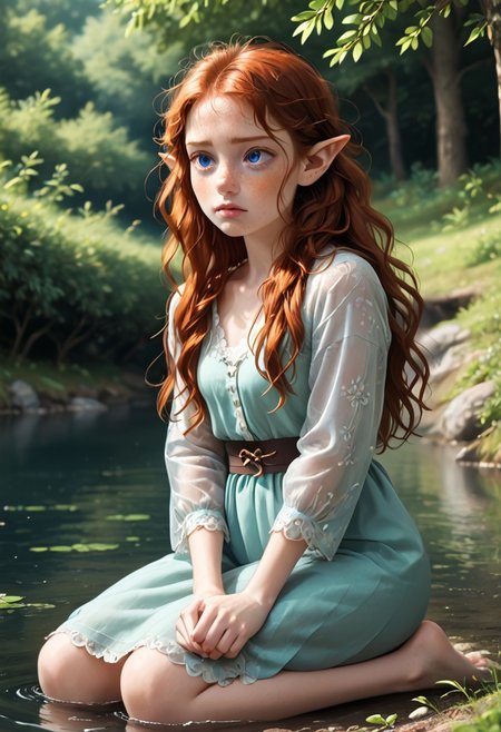 score_9, score_8_up, a red haired elf kneeling next to a spring of water in the woods, masterpiece, cinematic look, soothing tones, hyperdetailed, 20 years old, trees, outside, cupping water in hands, long hair, hair down to hips, loose long hair, thirsty, confused, red hair, ginger hair, bright blue eyes, full body, heart shaped face, auburn hair, dirty hair, tangled hair, small nose, full lips, elven ears, pointed ears, pale skin, freckled face, freckles, sleepy, noontime, tired