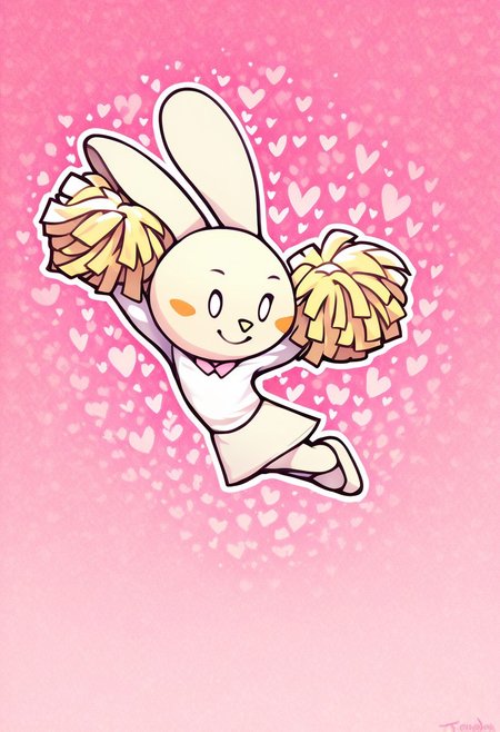 score_9, score_8_up, score_7_up , masterpiece, beautiful,,cute, standing, smile
,TherisNaBi, Bunny girl, furry, cute, chibi, round ears standing upright, animal nose, blush stickers,bowtie,00, jumping, mid air, hearts,pink pom pom (cheerleading), pink colored pom poms,
white long sleeves dress, dress,pink background, heart background, hearts