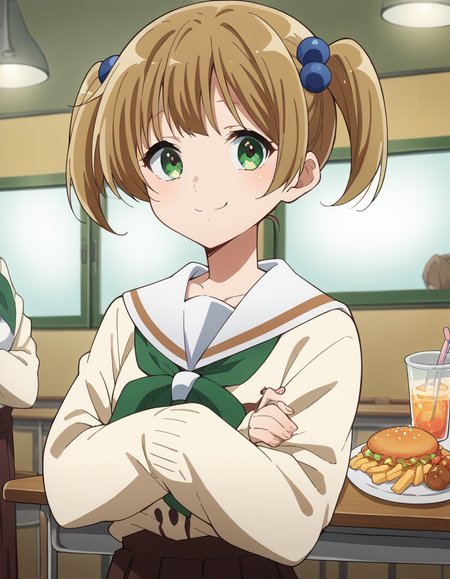 score_9, score_8_up, score_7_up, source_anime, <lora:satsuki-suzuki-s3-ponyxl-lora-nochekaiser:1>, satsuki suzuki, short hair, bangs, brown hair, hair ornament, twintails, green eyes, light brown hair, hair bobbles,, long sleeves, school uniform, serafuku, sailor collar, neckerchief, sleeves past wrists, cardigan, white sailor collar, kitauji high school uniform, green neckerchief, skirt, pleated skirt, brown skirt,, restaurant, tables, food, waiters, guests, , crossed arms, smug, looking at viewer, solo,, dutch angle, cowboy shot