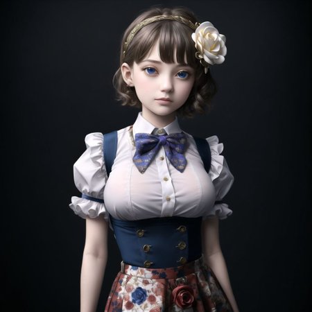 <lora:porcelain_gzhel:1.0>,  (porcelain, Gzhel, rococo:1.0), 1girl, bangs, black background, black ribbon, black rose, black skirt, blue eyes, bow, bowtie, breast hold, breasts, bursting breasts, buttons, collared shirt, dress shirt, eyebrows, eyebrows visible through hair, eyelashes, flower, frilled sleeves, frills, hair flower, hair ornament, hairband, hand on own cheek, head tilt, high-waist skirt, highres, large breasts, looking at viewer, parted lips, puffy short sleeves, puffy sleeves, purple hair, red bow, red bowtie, ribbon, ringed eyes, rose, shirt, short hair, short sleeves, signature, simple background, skirt, solo, suspender skirt, suspenders, white shirt
