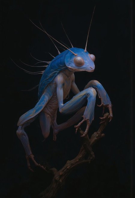 masterpiece, masterworks, best quality, amazing quality, very aesthetic, absurdres, boss scene, a praying mantis , white color praying mantis with blue scythes, blue flower,Huge  praying mantis
