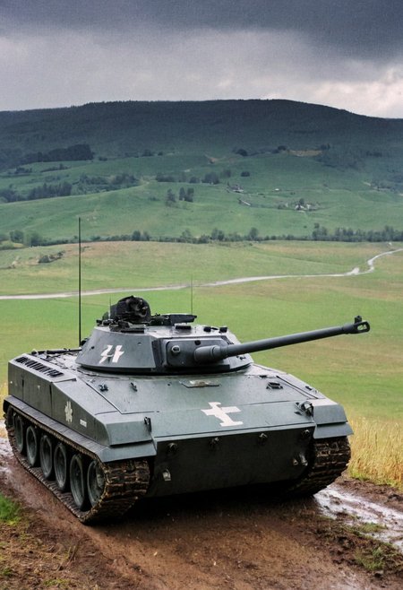 a Flakpanzer Gepard 1A2 perfect and beautiful, weapons pointed at the dark and rainy sky, flat relief with some hills in the background , 4K, highly detailed, stylish grainy analog 35mm film photo