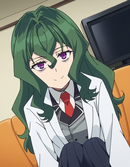 score_9, score_8_up, score_7_up, source_anime, <lora:hyouka-fuwa-s1-ponyxl-lora-nochekaiser:1>, hyouka fuwa, long hair, hair between eyes, purple eyes, green hair, bags under eyes, medium breasts,, labcoat, skirt, school uniform, pleated skirt, necktie, black skirt, red necktie, grey blazer, long sleeves,, living room, television, couch, popcorn, watching movie, night time, sitting, smile, hands on own knees, looking at viewer, solo,, dutch angle, cowboy shot