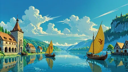 fantasy romania, The Dreamlands, magic realism art stylized by Einar Hákonarson, landscape art, landscape of a (wide river used by keelboats to transport goods:1.1) from inside of a Museum, it is Radiant, at Blue hour, Visual novel, Dreamcore, fantastic, digital art, <lora:EnvyPulpFantasyXL-prod-weighted.:1>, great composition, cute, stunning detail, intense, cool colors, background inspired