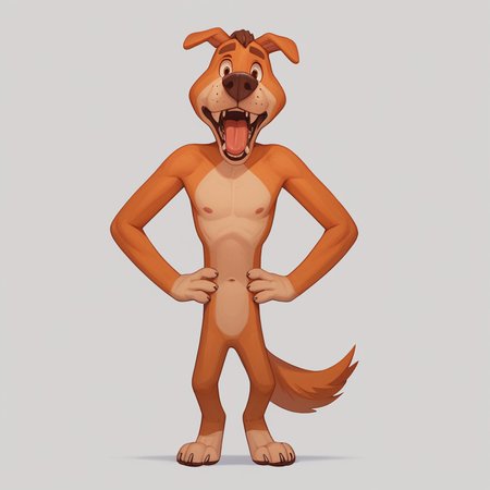 score_9, score_8_up, score_7_up, source_cartoon, style_cartoon, 2d, thin lines,   solo, good rendering, many details, 4k, 8k, no clothes, anthromorphic body, furry character, ultra detailed, detailed character, detailed face, (fangs),  Four fingers, 4 toes, dog paws,  gray background,  prostokvashino, furry, animal, dog, boy, dog boy, anthromorphic, sharik, Standing, hands on hips, looking at viewer, curious, (stuck his tongue out), style_2018