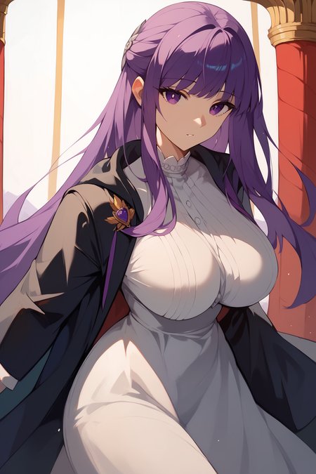 breast bags,<lora:breasts++-PD-breast_bags-1.0:1.5>   <lora:ChamFernPonyXL:1> FernFrieren,purple eyes,purple hair, long hair,half updo,hair ornament,large breasts,FernBase,white dress, collared dress, black robe, Score_9, Score_8_up, Score_7_up, Score_6_up, Score_5_up, Score_4_up, BREAK,1girl in full growth, best quality, masterpiece, ultra-detailed, high quality,good quality,1 girl,(master piece,high resolution, ultra detailed,8K,16K),look at viewer
