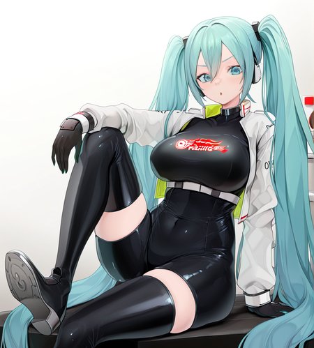 <lora:fuguta-kemasuo:1.2>,1girl, hatsune miku, racing miku, racing miku (2022), huge breasts, wide hips, goodsmile racing, vocaloid, :o, black bodysuit, black gloves, black thighhighs, blue eyes, blue hair, bodysuit, boots, breasts, collared jacket, foot up, full body, gloves, hair between eyes, jacket, knee up, long hair, looking at viewer, parted lips, print shirt, racing suit, shirt, shoe soles, sidelocks, single leg bodysuit, single thighhigh, sitting, solo, thigh boots, thighhighs, twintails, v-shaped eyebrows, very long hair, white jacket, zettai ryouiki, 
very awa, masterpiece, best quality, highres, absurdes,amazing quality,very aesthetic,intricate details, <lora:hand 5.5:1>