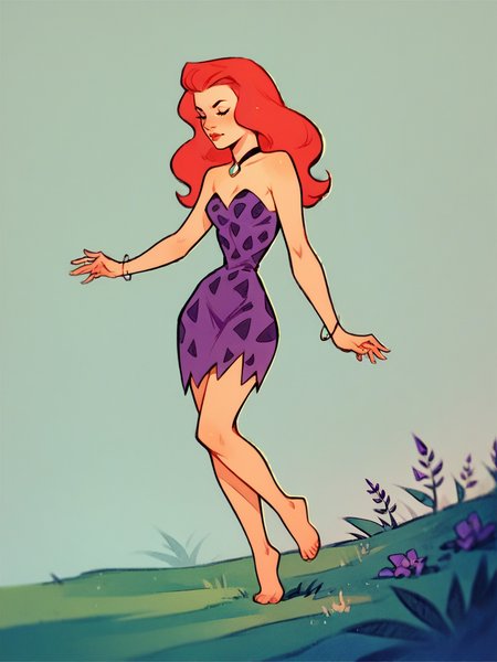 score_9, score_8_up, score_7_up, score_6_up, score_5_up,   <lora:AnnMargrockXLP2:1> ann margrock, 1girl, red hair, long hair, solo, barefoot, purple dress