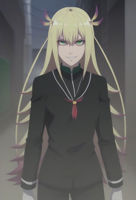 <lora:SlimesKanonIsui:1>, slimes_kanonisui, woman, solo, green eyes, alley background, evil smirk