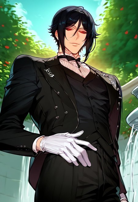anime artwork, score_9, score_8_up, score_7_up, score_6_up, score_5_up, 1boy, red eyes, garden, fountain, sunny, bliss, fully black hair, black butler outfit, handsome, white gloves, detailed clothing, masterpiece, straight hair, suit,  simple cotton gloves, solo, closer to the face,
 <lora:Floox_Style:1>, , detailed eyes, close up, crimson eyes, scarlet eyes, camera from below, looking down, Sebastian black butler, black butler, Sebastian michaelis, Kurishitsuji, smile, pale skin, handsome man