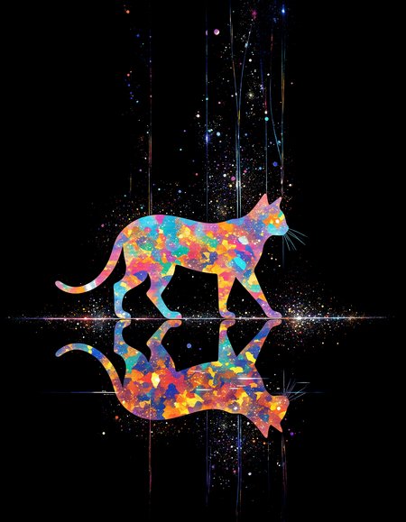 aidmamj6.1, vibrant reflective holographic drawing in the style of ckhg art of Silhouette of a long-legged cat walking surrounded by sparkling light particles
particles cascading down from the cat
cat reflected in a mirror are depicted as upper and lower objects
black background
Fantastic and mysterious illustration like the world in a transparent dream
 <lora:aidmaMJ6.1_v0.5_3:0.4>  <lora:ck-holographic-glitter-000015:0.5>
