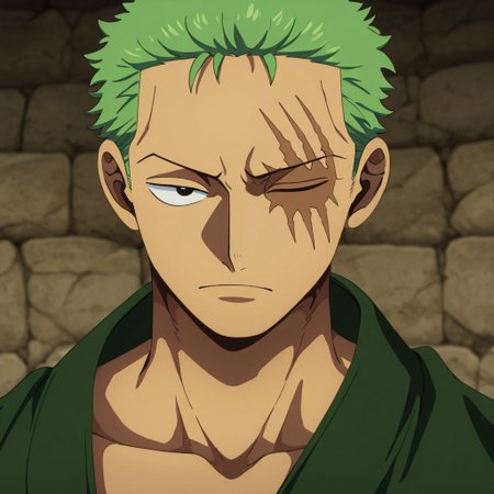 masterpiece, best quality, newest, absurdres, highres, 
DMStyle-DmpackV1.0, official style,
1boy, Zoro \(one piece\), green hair, one closed eye, one eye open, scar over eye,