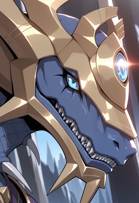 masterpiece,best quality,amazing quality, 1boy, solo, shiranui, dragon, blue skin, gold helmet, armor, close up, side angle, outside,