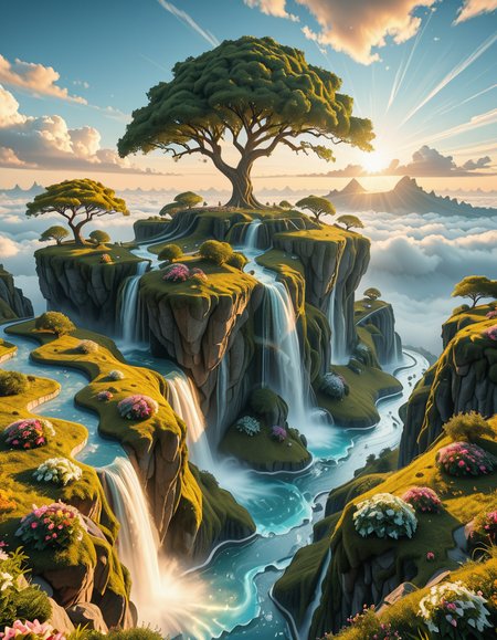 A mesmerizing celestial background featuring an otherworldly paradise. Towering crystalline mountains with peaks that glow softly under a sky painted in shifting hues of iridescent blues, pinks, and golds. Rivers of liquid light flow through vast, open meadows filled with luminescent flowers that pulse with a gentle glow. Gigantic, translucent trees with silver leaves sway in a breeze that carries floating particles of golden dust. Suspended bridges made of shimmering energy connect ancient, floating monoliths engraved with intricate celestial patterns. In the distance, an enormous radiant waterfall cascades into a bottomless, mist-covered abyss, reflecting the surrounding ethereal glow. A tranquil atmosphere, untouched and divine, filled with an overwhelming sense of wonder and serenity.
<lora:SDXLFaeTastic2400:0.4> <lora:extremely_detailed:0.4> extremely detailed,heavenly l4ndsc4p3, <lora:heavenly_l4ndsc4p3-i:1>, Masterpiece,best quality,hi res,8k,hi res,8k,award winning,(sharp focus, intricate, highly detailed),