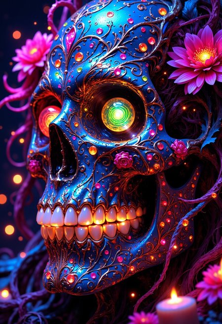 A close-up of a vivid sugar skull with neon pinks, electric blues, and striking lime greens. The skull’s eye sockets glow with spirals of rainbow-colored lights, 