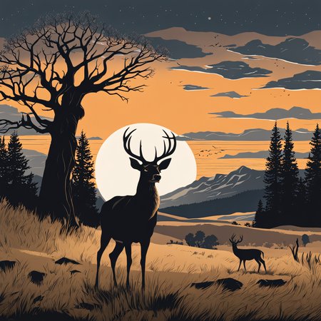 Deer grazing, A fierce storm with hailstones pounding the ground, with a sunrise in the background, silhouetted figure in the foreground, detailed, realistic, 8k uhd, high quality