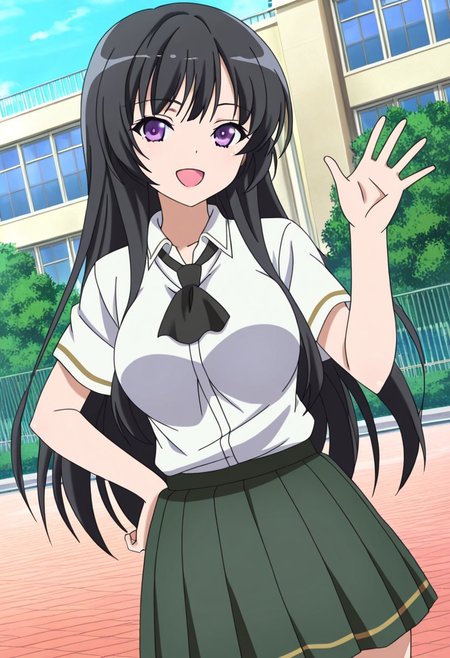 general,highres, ultra-detailed,very aesthetic,best quality ,best hands,best eyes,easynegative,
dynamic anglre, dutch angle, anime cloring,anime screencap,
1girl solo,looking at viewer,outdoors,school, smile, open mouth, waving hand, hand on hip, 
Yozora MIKAZUKI,black_hair, long_hair, purple_eyes, large_breasts,school uniform