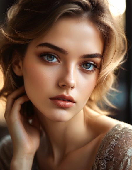 cinematic photo Close-up portrait of a stunningly beautiful supermodel, around 20 years old, her features a mesmerizing blend of classic elegance and modern edge. Her eyes sparkle with confidence and allure, drawing the viewer in. Her skin is flawless, her lips full and inviting. Her hair, a cascade of [Haarfarbe], frames her face perfectly, styled in a [Frisur] that exudes effortless chic. She wears a [Outfit], accentuating her curves and highlighting her natural grace. The background is a [Hintergrund], adding an unexpected and captivating element to the composition. The overall effect is one of breathtaking beauty, confidence, and undeniable sex appeal.  Style: Hyperrealistic, with a touch of fashion editorial flair. Emphasize the model's striking features, flawless skin, and captivating gaze. Experiment with unconventional angles and lighting to create a truly unique and memorable portrait.  . 35mm photograph, film, bokeh, professional, 4k, highly detailed
