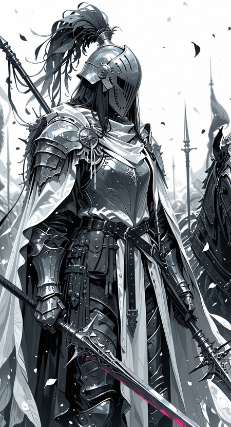 masterpiece, best quality, good quality, very awa, newest, highres, absurdres, 1girl, solo, holding, weapon, holding weapon, cape, armor, petals, helmet, shoulder armor, polearm, gauntlets, breastplate, holding polearm, white cape, knight, full armor, plume, limited palette, h4ra_illu <lora:illustriousXL_stabilizer_v1.23:0.3> <lora:NOOB_vp1_detailer_by_volnovik_v1:0.3> <lora:ponyv6_noobE11_2_adamW-000017:0.3> <lora:114558v4df2fsdf5:0.6> <lora:XXX667:0.4> <lora:-_iLL_-_the_edgy_mech_V2.0-:0.8>