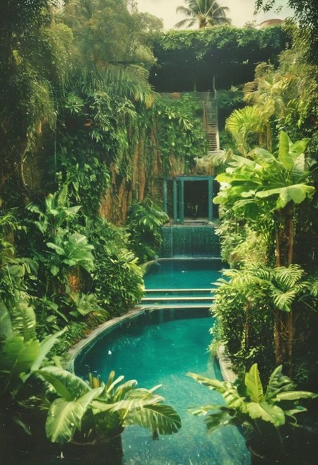 highly detailed and hyper realistic photo, Pulp Fiction style, high-contrast monochrome palette, subtle grain, timeless feeling, cinematic quality, modern art photograph, A breathtaking photo capturing the magnificence of the Hanging Gardens of Babylon The image showcases the immense, lush terraces with cascading steps around a vibrant crystal turqoise and deep blue tiled swimming lake inviting to take a bath, lavishly adorned with marble and crafted from the finest stones. The pastel-hued tiled steps are teeming with exotic plants, creating a vibrant and verdant paradise. Birds flit gracefully among the foliage, adding to the enchanting ambiance of this ancient marvel., , limited dark palette, vibrant colors, faded, atmospheric haze, highly dramatic cinematic lighting, motion blur, film grain,  professional, excellent composition, finest details, maximized details, ultimate detail level, masterpiece, best quality, ISO 300, 1/250s, F/2,8, 38 mm, extremely high quality RAW photograph, 4k, sharp focus, high resolution, 8k UHD, DSLR, high quality, film grain, Fujifilm XT3