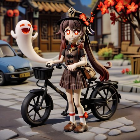 <lora:claymation-style_a31_xl_1:1>,claymation-style,1girl, hu tao \(genshin impact\), ground vehicle, twintails, red eyes, bicycle, brown hair, hair ornament, skirt, looking at viewer, symbol-shaped pupils, long hair, solo, hair flower, flower, boo tao \(genshin impact\), smile, school uniform, outdoors, ghost, boat, shirt, bag, short sleeves, holding, watercraft, shoes, plaid, alternate costume, thigh strap