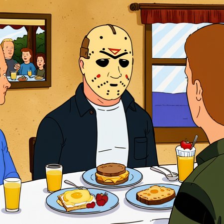 cartoon of   Jason Voorhees (Friday the 13th) having brunch
(in kingofthehill style:1.5)
<lora:xl_more_art-full_v1:0.5> <lora:add-detail-xl:0.45>  <lora:kingofthehillstyleXL_v.10.1:0.8>