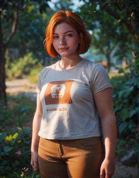 score_9, score_8_up, score_7_up, <lora:swann_v1-000015:0.7>, swann, 1girl, orange hair, short hair, green eyes, freckles, body freckles, plump, t-shirt, brown pants, standing, arms at sides, facing viewer, looking at viewer, outside, depth of field, cinematic lighting, <lora:StS_PonyXL_Detail_Slider_v1.4_iteration_3:3>