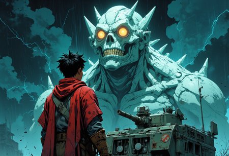 anime, A digital illustration of a boy in a red cloak standing on top of a military vehicle, looking up at a large, ghostly, menacing monster looming behind him. The boy has spiky black hair and is facing away from the viewer, with his back to the viewer. The monster has glowing fire eyes, a creepy smile and its white, cyan_blue and turquoise. The background is a stormy sky with dark clouds, rain, lightning and thunder and the scene is set in a post-apocalyptic world. The style is reminiscent of comic book art, with a focus on dramatic lighting and detailed textures.